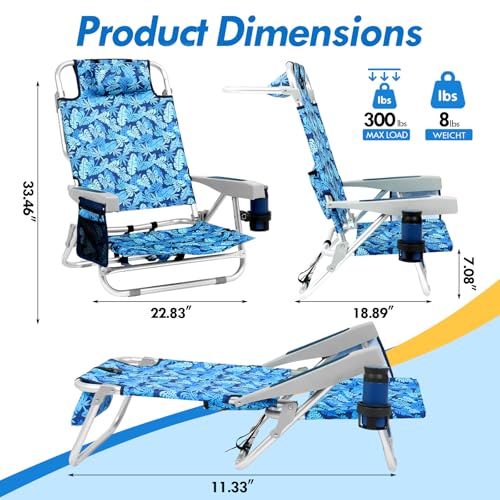 Folding Beach Chair Backpack for Adults, 5 Positions Adjustable Beach Chairs Heavy Duty Beach Seat Foldable with Large Cooler Pouch and Cup Holder Pocket, Up to 350 LBS Support