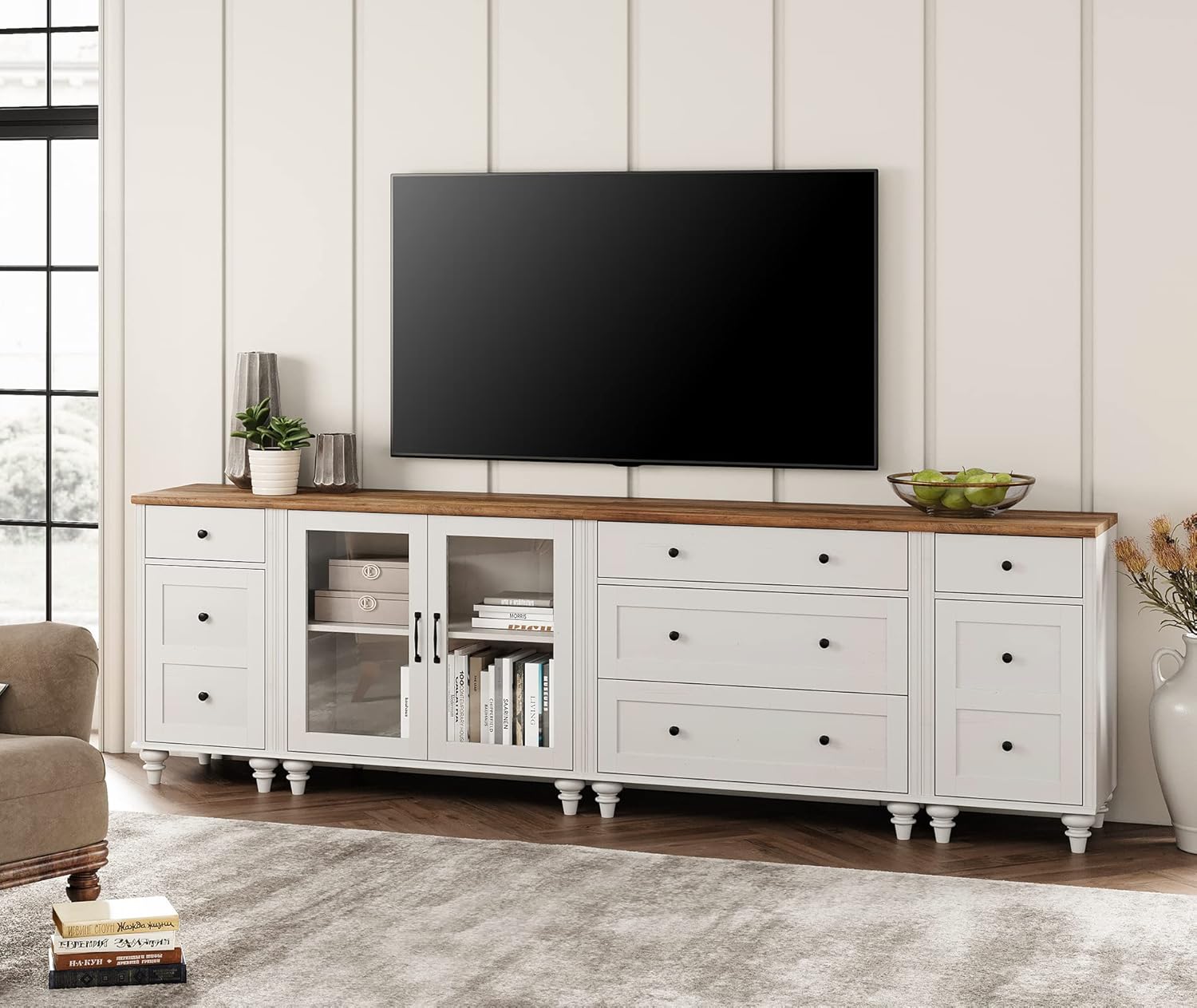WAMPAT Modern TV Stand for 110 Inch TV, Media Console with 5 Drawers and 4 Storages, Mid Century TV Console Table for 100 90 85 inch TV，Wood Entertainment Center for Bedroom and Living Room, White