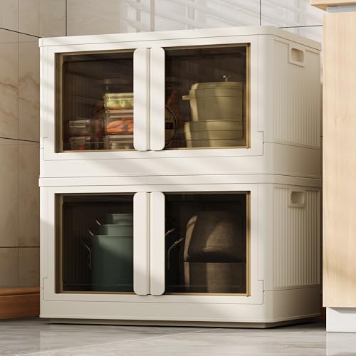 FLEXIMOUNTS Stackable Storage Bins With Lids, Collapsible Plastic Storage Bins, 304 QT-4 Pack Closet Organizers and Storage Containers with Doors For Home, Milky White, 25