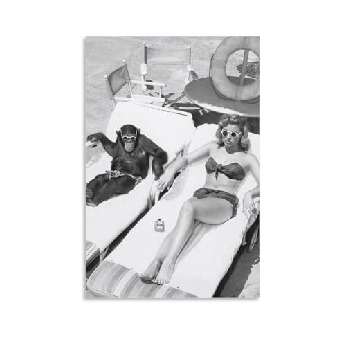 HMBNIUN Interesting Black And White Vintage Photo Of A Woman Sunbathing Near A Chimpanzee Wall Art Posters For Room Aesthetic Pictures For Living Room Bedroom Decor 24x36inch(60x90cm)