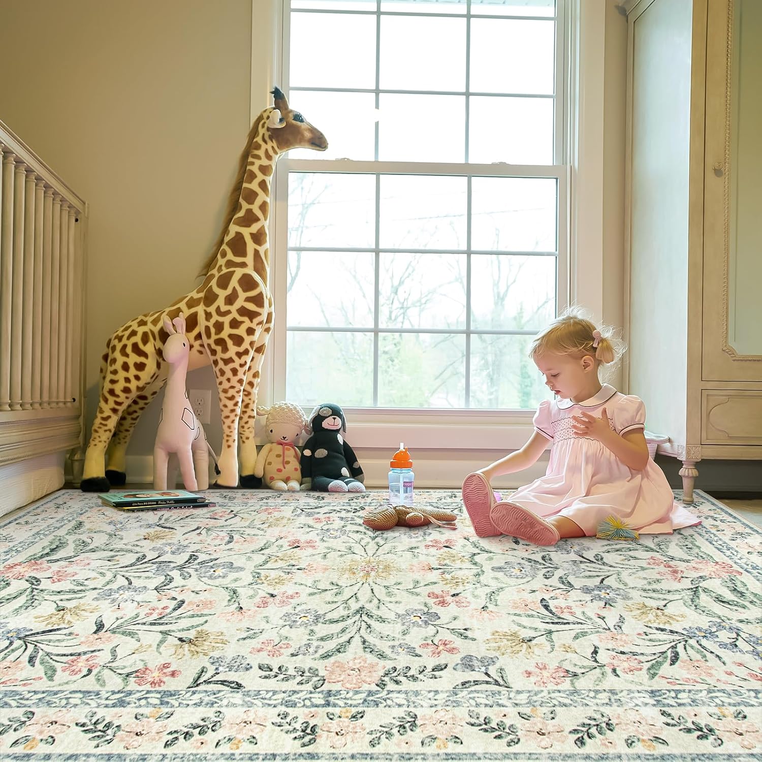 Boho Rugs for Living Room, Large 8 x 10 Area Rugs for Living Room Non Slip,Soft Ultra-Thin Distressed Floral Throw Carpet for Bedroom Office Dining Room, Cream/Multi