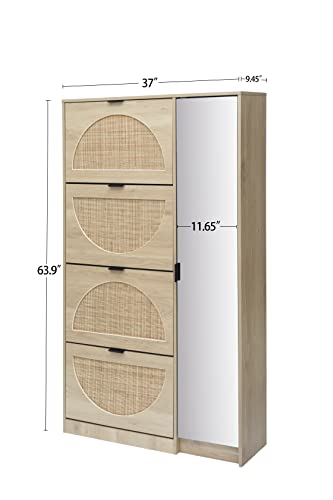 Natural Rattan Shoe Cabinet,Modern simple storage cabinet Japanese rattan Shoe cabinet,Freestanding Shoe Rack with Mirror Cabinet, for Entryway, Entrance Hallway, Living Room, Oak (Shoe Cabinet-white)