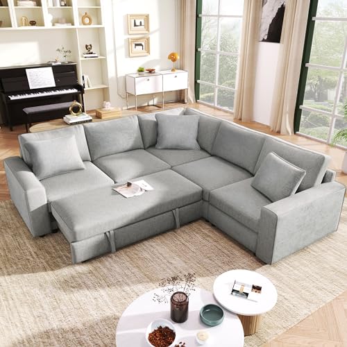 U Shaped Convertible Sectional Sofa Pull Out Bed with Left Hand Chaise , Deep Seat Reversible Sleeper Corner Couch with Stoage and Detachable Backrest, Corduroy Upholstered Sofabed for Living Room