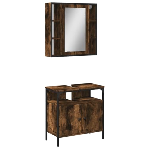 2 Piece Bathroom Furniture Set Smoked Oak Engineered Wood,Sturdy Bathroom Vanity Set with Mirror Cabinet and Ample Storage for a Tidy Bathroom Furniture Sets, Bathroom Furniture