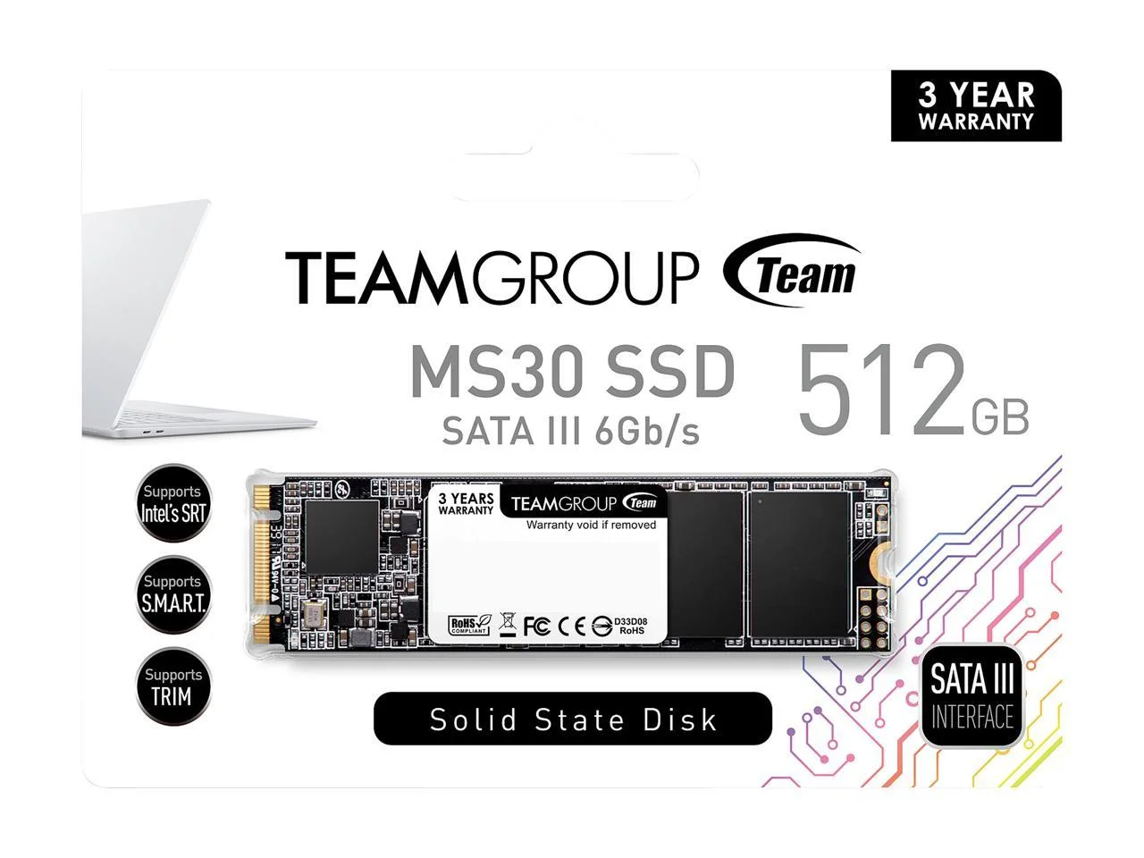 TEAMGROUP MS30 512GB with SLC Cache 3D NAND TLC M.2 2280 SATA III 6Gb/s Internal Solid State Drive SSD (Read/Write Speed up to 530/430 MB/s) Compatible with Laptop & PC Desktop TM8PS7512G0C101
