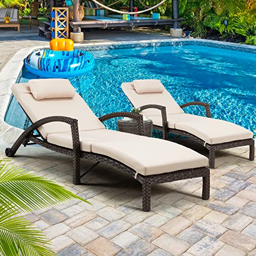 HOMREST Chaise Lounge Chairs Set of 6, PE Rattan Wicker Lounge Chair with Arm and Wheels for Poolside,Khaki