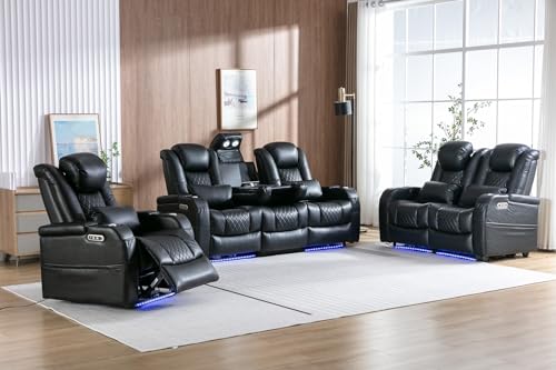 Power Recliner Sofa Set with 7 Colors Ambient Lights，Recliner Couches for Living Room Reclining Sofa with Type-C & USB Charge, Air Leather Recliner Sofa LED Couch Living Room Furniture Set (1+2+3)