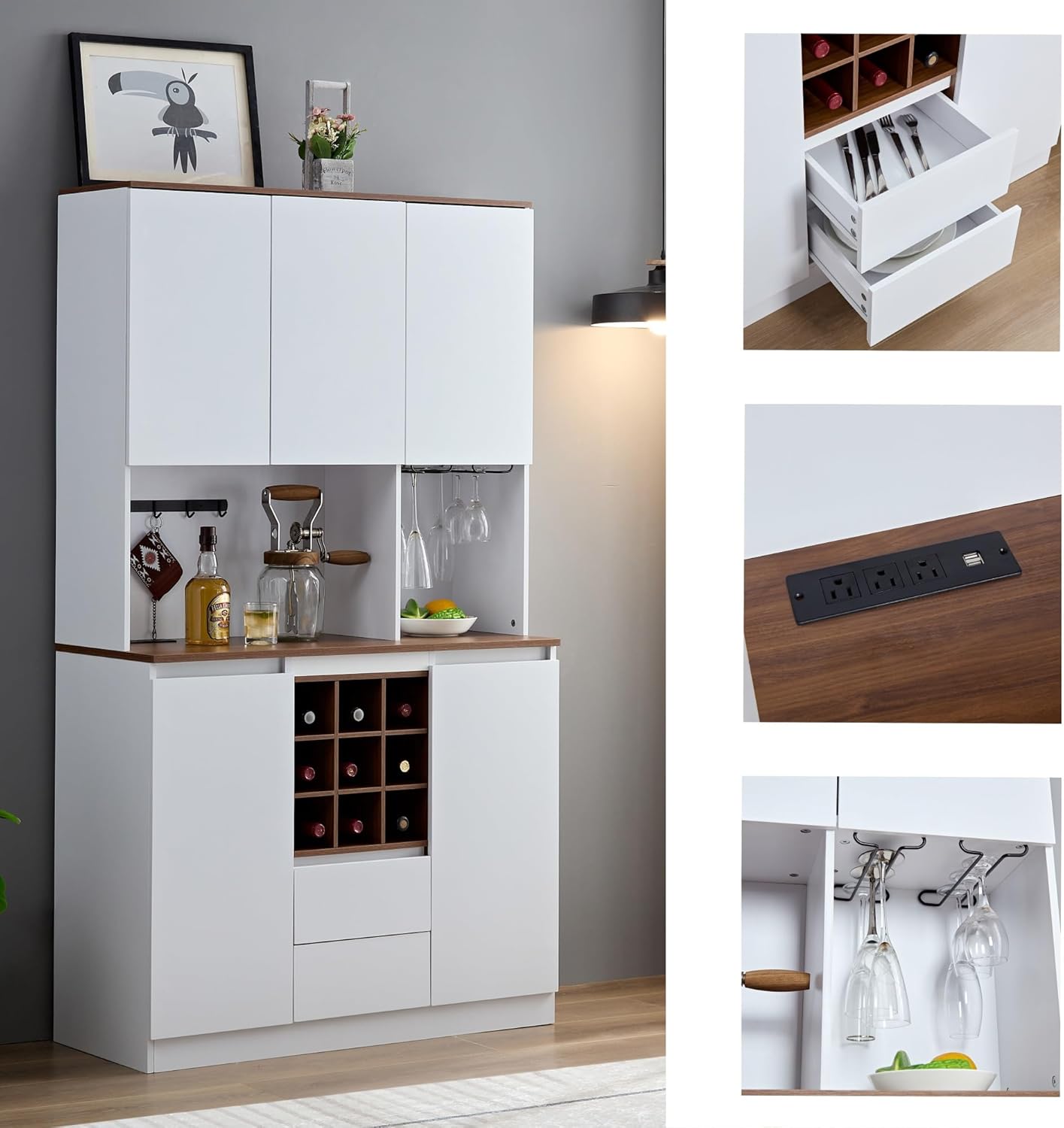 68.89'' Farmhouse Coffee Bar Wine Cabinet, Kitchen Buffet Cabinet with Storage, Liquor Cabinet, Wine & Glasses Rack for Kitchen, Dining Room