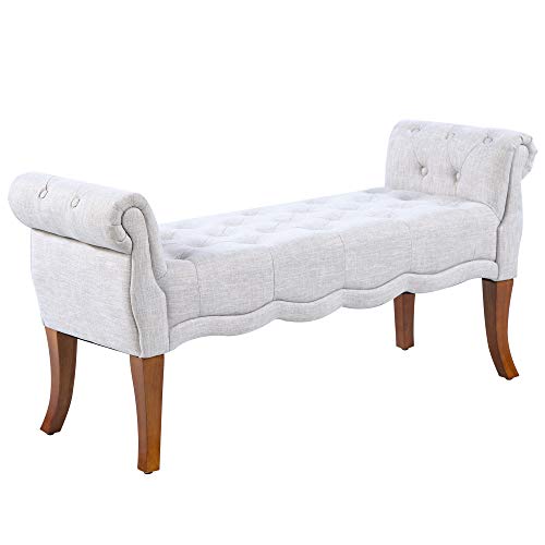 HOMCOM Traditional Style End of Bed Bench, Upholstered Entryway Bench with Button Tufted and Rounded Arm, Light Gray