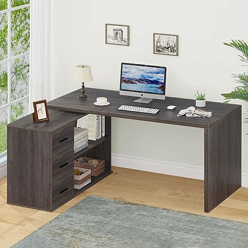 HSH L Shape Desk with Drawers, L-Shaped Desk with Storage Cabinet Shelves, Home Office Corner Computer Desk for Executive Writing, Modern Wood Study PC Table in Bedroom Living Room, Grey Oak, 55 Inch