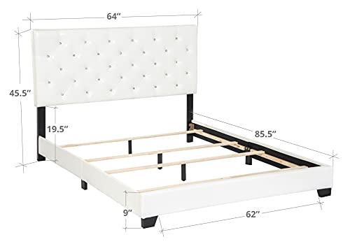 Upholstered Queen Bed Frame with Headboard, Diamond Button Tufted Faux Leather, Wood Slats Included, Easy Assembly, Box Spring Platform Needed, Works with Memory Foam Mattress, Queen White