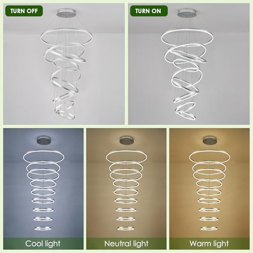 5 Rings D31.5 Modern LED Chandelier Black Large Dimmable LED Chandeliers with Remote Control Circular High Ceiling Chandeliers for Living Dining Room Staircase Foyer Villa, 3000K-6500K CCT