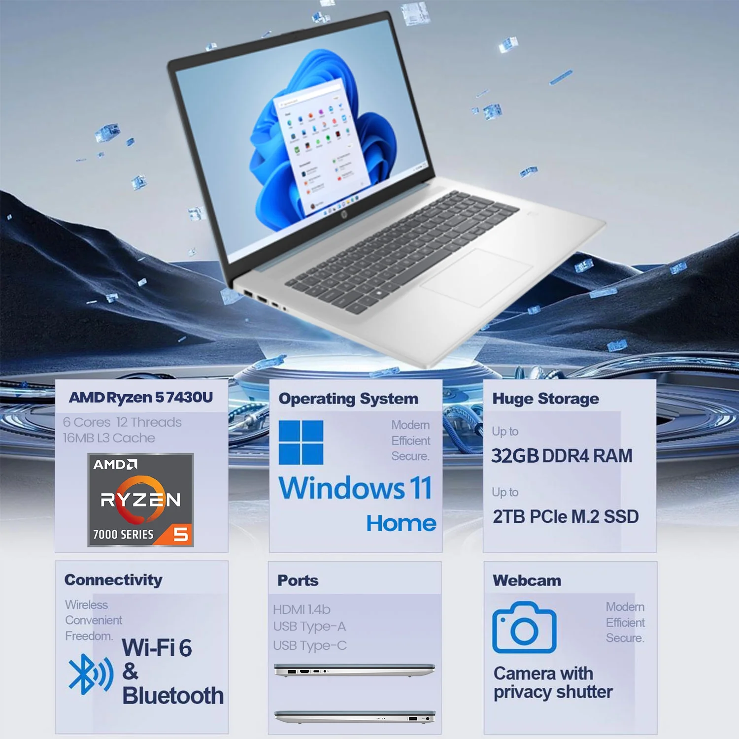 HP 17.3" Touchscreen Laptop, AMD Ryzen 5 7430U, 32GB RAM, 1TB SSD, Backlit, Fingerprint, Win11 Home