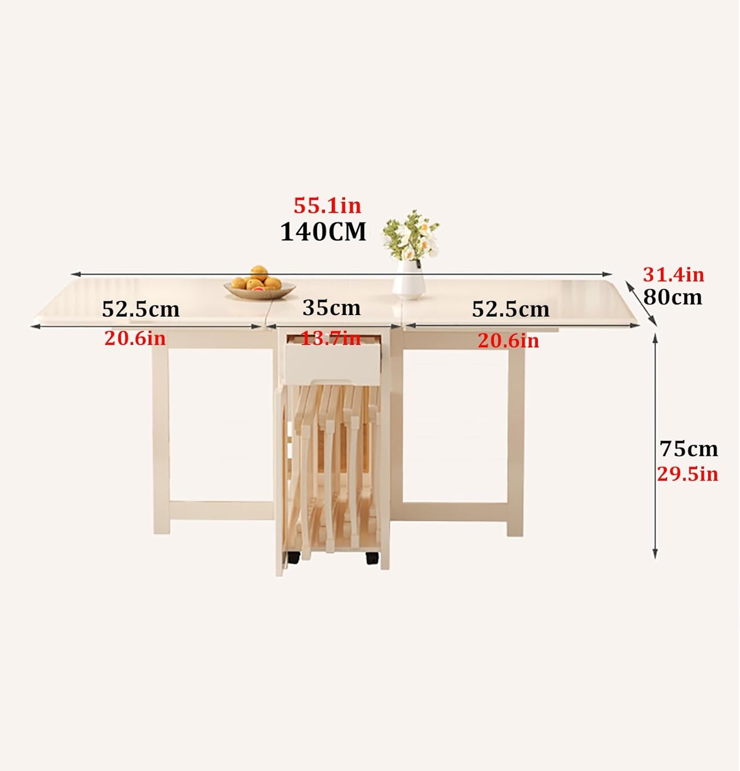 Folding Dining Table with Chairs Rack and 1 Storage Drawers, Movable Extendable Space Saving Table, 4 Universal Wheels, for Dining Room, Kitchen, Living Room