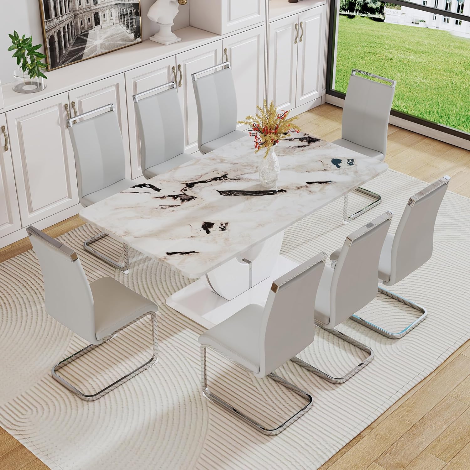 Modern Dining Table Set for 8,White Marble Dining Table Set for 8,Kitchen Table and 8 PU Leather Upholstered Dining Chairs,71'' Large Dinner Table Set