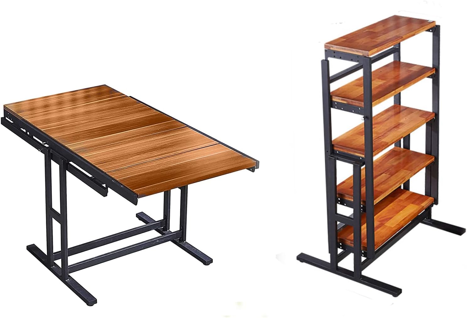 Goujxcy Convertible 2 in 1 Shelf to Table, Convertible Shelf Table, Solid Wood Dining Table＆Metal Display Bookshelf Stand for Small Spaces, Multipurpose Storage Shelf Display Rack for Living Room