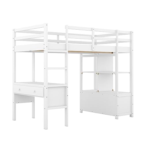 Twin Loft Bed, Saving Space Beds Frame with Desk, Storage Shelves, Drawers, Ladder, Guardrail, Solid Wood Loft Bed, Bedroom Furniture for Living Room Kids Teens Bedroom