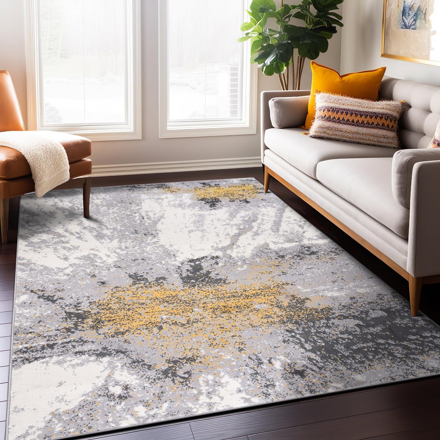 Rugshop Modern Abstract Stain Resistant Soft Area Rug 5' x 7' Yellow