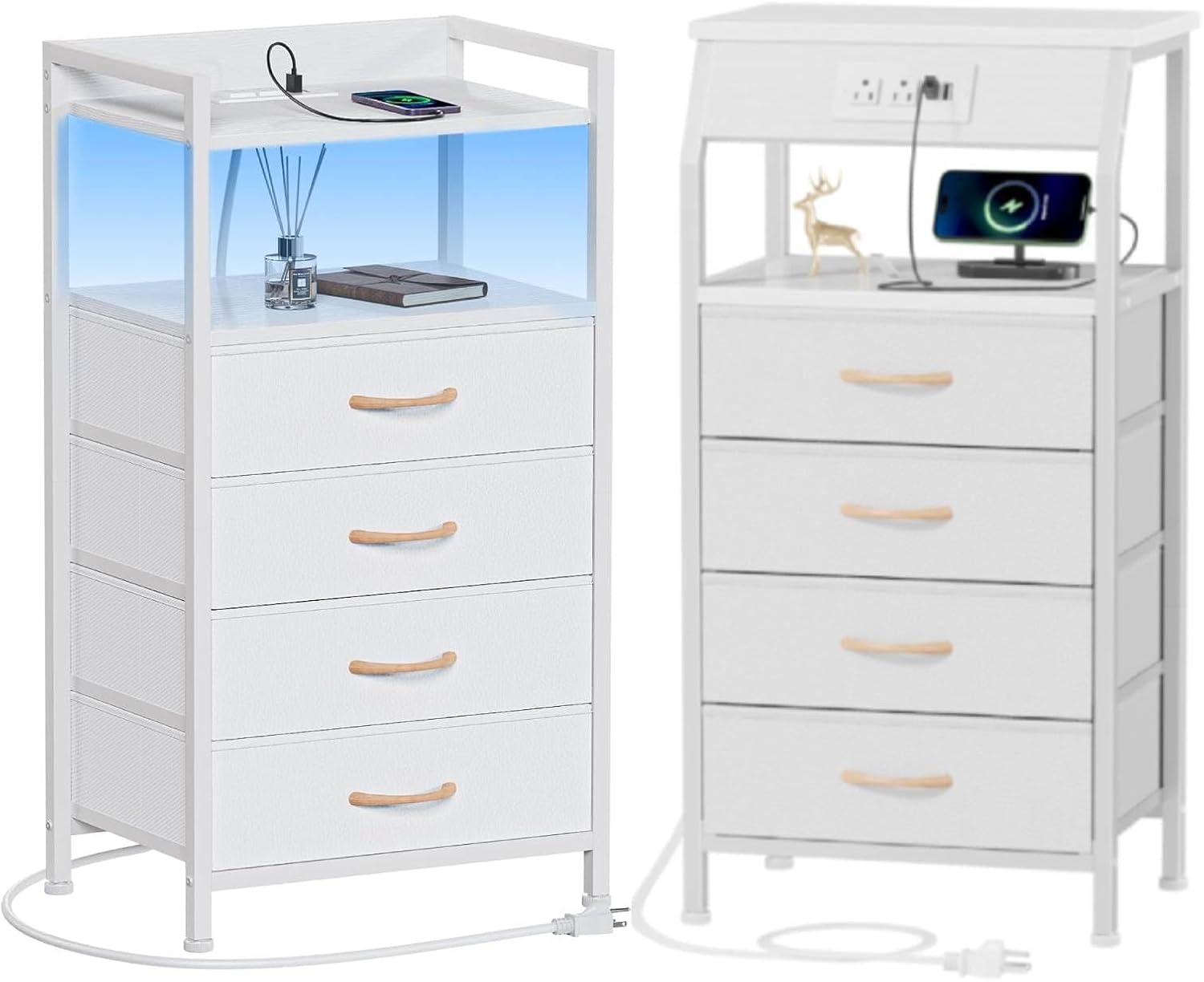 Furnulem White Nightstand with 4 Storage Drawer + Night Stand with Charging Station