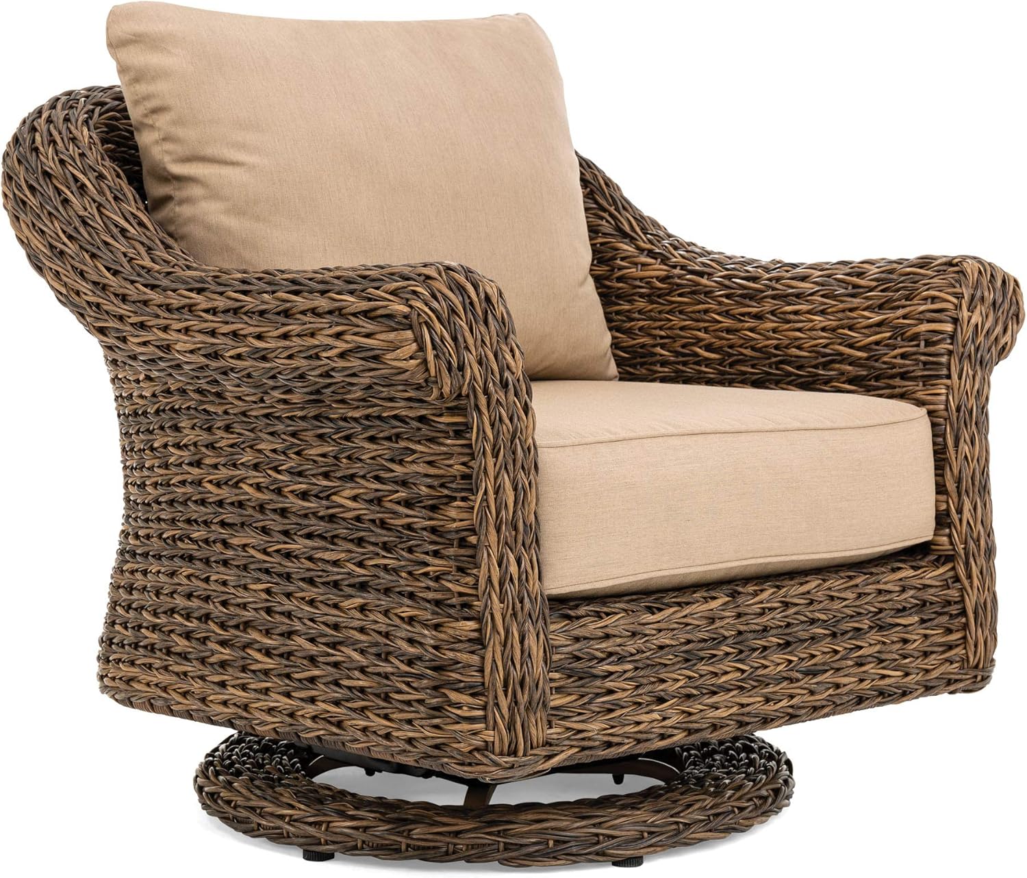 Cayman - Swivel Glider Lounge Chair - Heritage Brown Frame - Seagrass Weave - Sunbrella Canvas Heather Beige Fabric