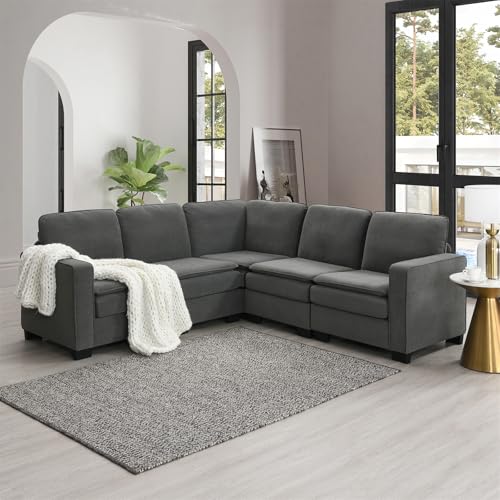 Modular Sectional Sofa 5 Seater, L-Shape Upholstered Couch with Chaise, Modern Cloud Corner Couch with Double Cushions for Living Room, Apartment, Office, Khaki