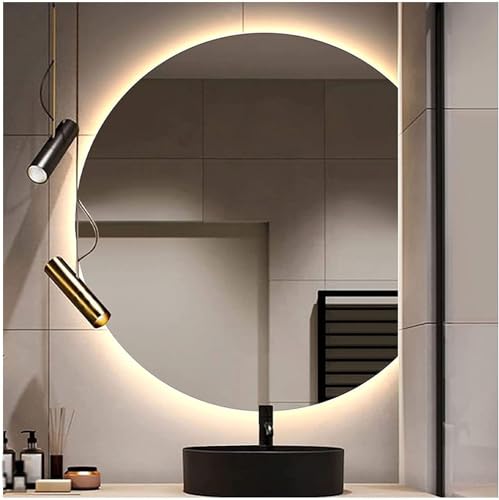 Bathroom Mirror LED 3-Color Dimmable Modern Makeup Mirror Anti-Fog Mirror with Touch Button Half Circle Washroom Vanity Mirror Frameless Shatter-Proof Decorative Mirror(Upper semicircle,28