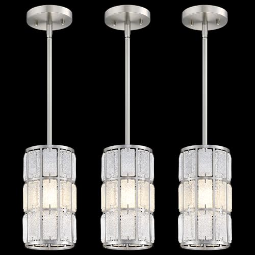 3 Pack 1 Light Hanging Modern Kitchen Island Frosted Crystal Pendant Light Fixture,Black Finish Crystal Shade for Bar,Dining Room,Corridor,Living Room Over Sink