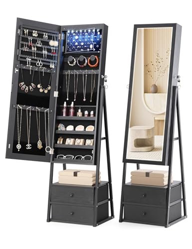 Nicetree LED Mirror Jewelry Cabinet Standing, Lockable Jewelry Cabinet Armoire with 2 Drawers, Full Length Mirror with Jewelry Storage, Christmas Gifts, Black…