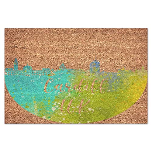 United Kingdom City Cambridge Coir Door Mat Rustic Non Slip Rubber Back Indoor Mat Funny Coir Doormat City Silhouette Watercolor Ink Graffiti Welcome Mats for Outside Porch Entrance 24x36in