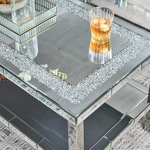 SSLine Modern Mirrored Coffee Table with 2 End Table Luxury 3-Piece Living Room Coffee End Table with Silver Mirror Finish & Shiny Diamond Decor Top 2-Tier Rectangle Center Table and Round Side Table