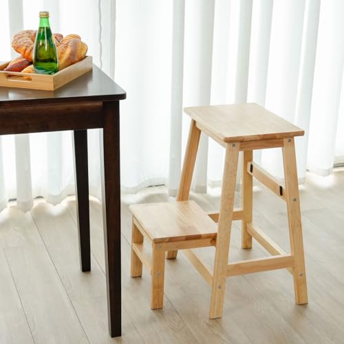 Step Stool, Solid Wood 2-Tier Step Ladder, Folding Toddler Step Stool Kitchen Helper, 2-in-1 Display Ladder and Storage Shelf, Wooden Step Stools for Adults & Kids, Natural