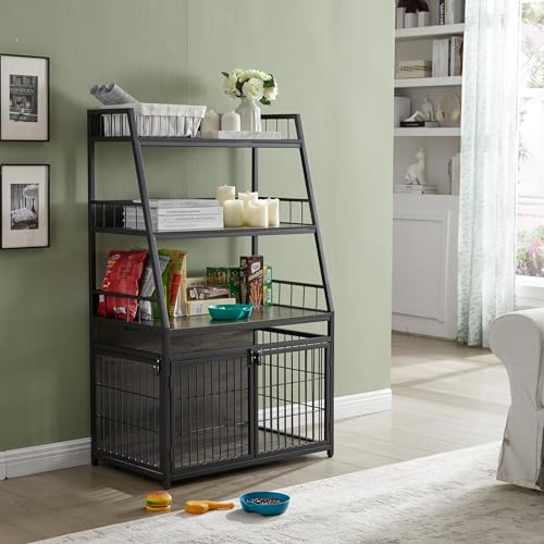 Furniture Style Dog Crate for Small/Medium Dog, Heavy Duty Anti-Chew Dog Kennel Furniture with 3 Doors, Wooden Decorative Indoor Basic Dog Cage with 3-Layer Storage Shelves