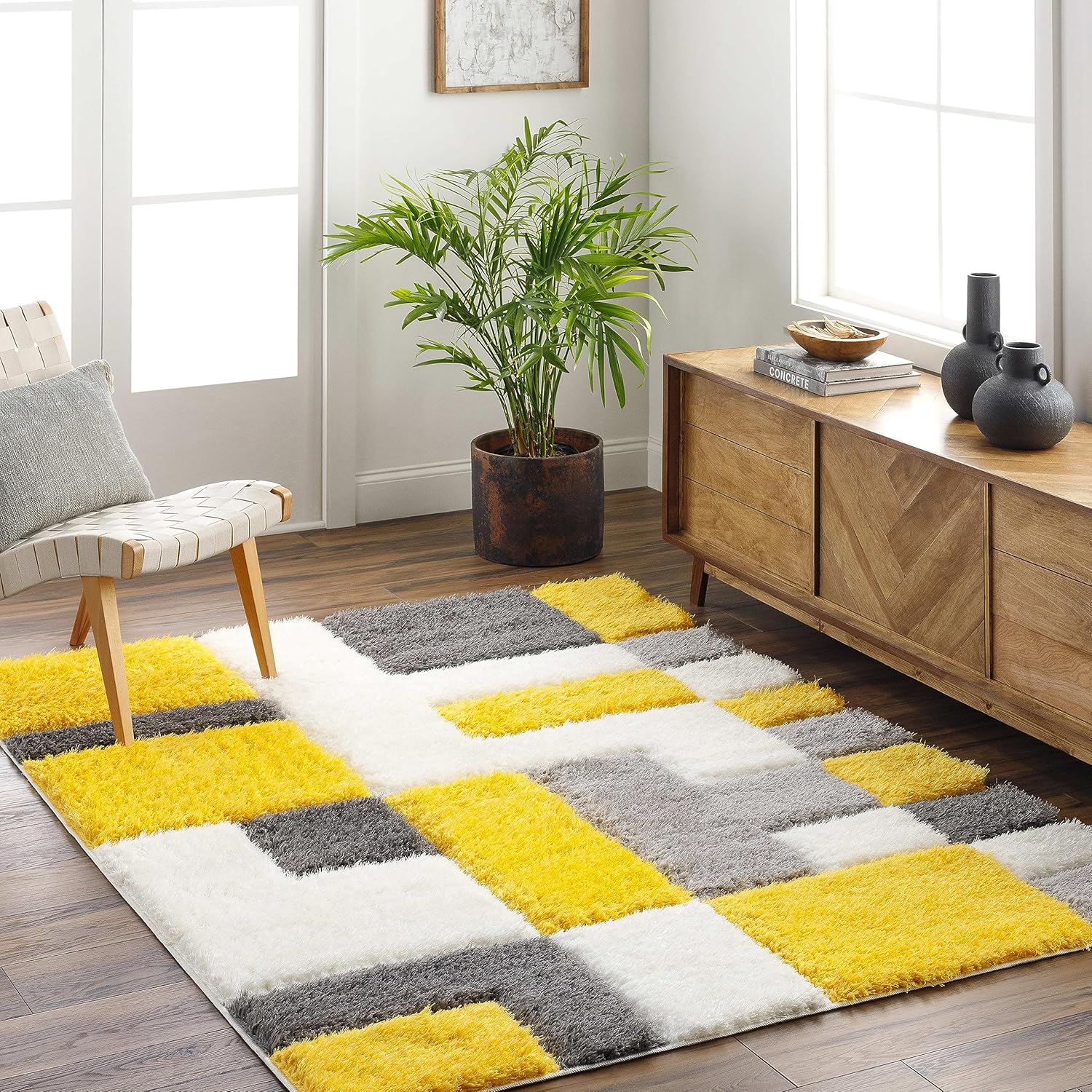 Mark&Day Area Rugs, 8x10 Satanta Modern Shag Saffron/Light Gray Area Rug, Yellow Grey Ivory Carpet for Living Room, Bedroom or Kitchen (7'10