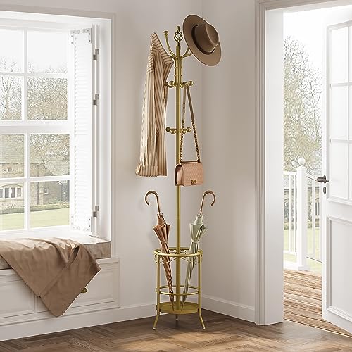 Tajsoon Coat Rack Stand with Umbrella Holder, Freestanding Coat Hanger Stand with Umbrella Stand, Entryway Coat Rack with 12 Hooks to Hold Clothes, Coat Tree for Living Room Bedroom Office, Grey