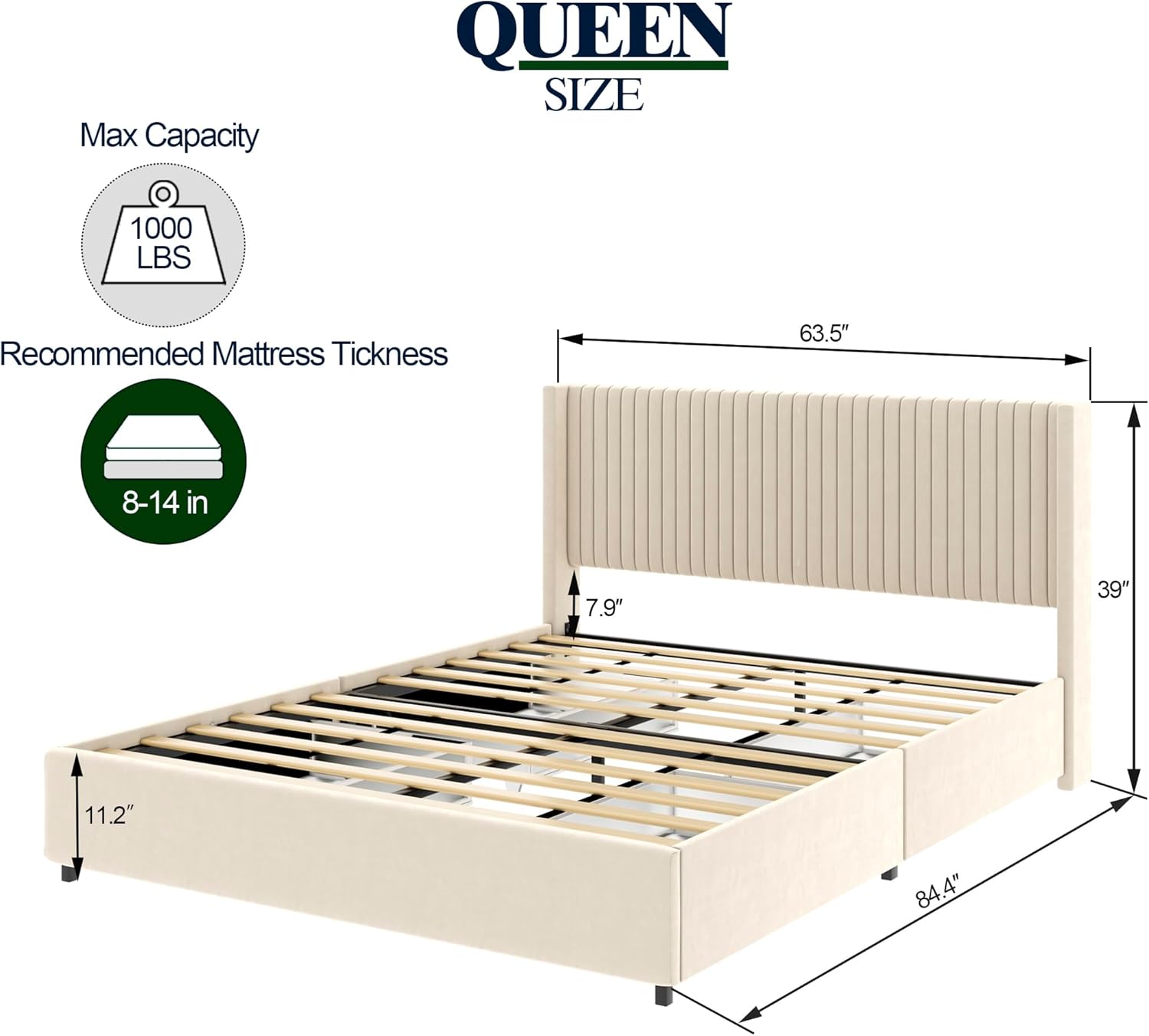 Queen Bed Frame with Headboard and 4 Storage Drawers, Metal Platform Bed with Strong Wooden Slat, Boucle Platform Storage Bed Frame, Noise Free, No Box Spring Needed (Beige Queen)
