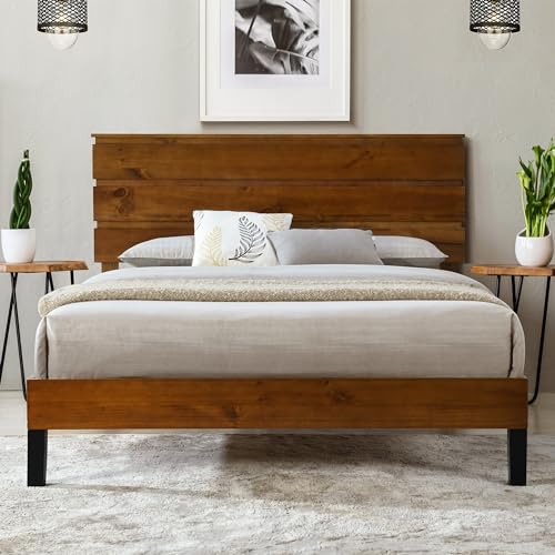 Queen Size Wood Platform Bed Frame with High Headboard Rustic Vintage Wood Bed Frame Queen, Strong 10 Wood Slats Support,Six-Piece Headboard Design,No Box Spring Needed, Brown