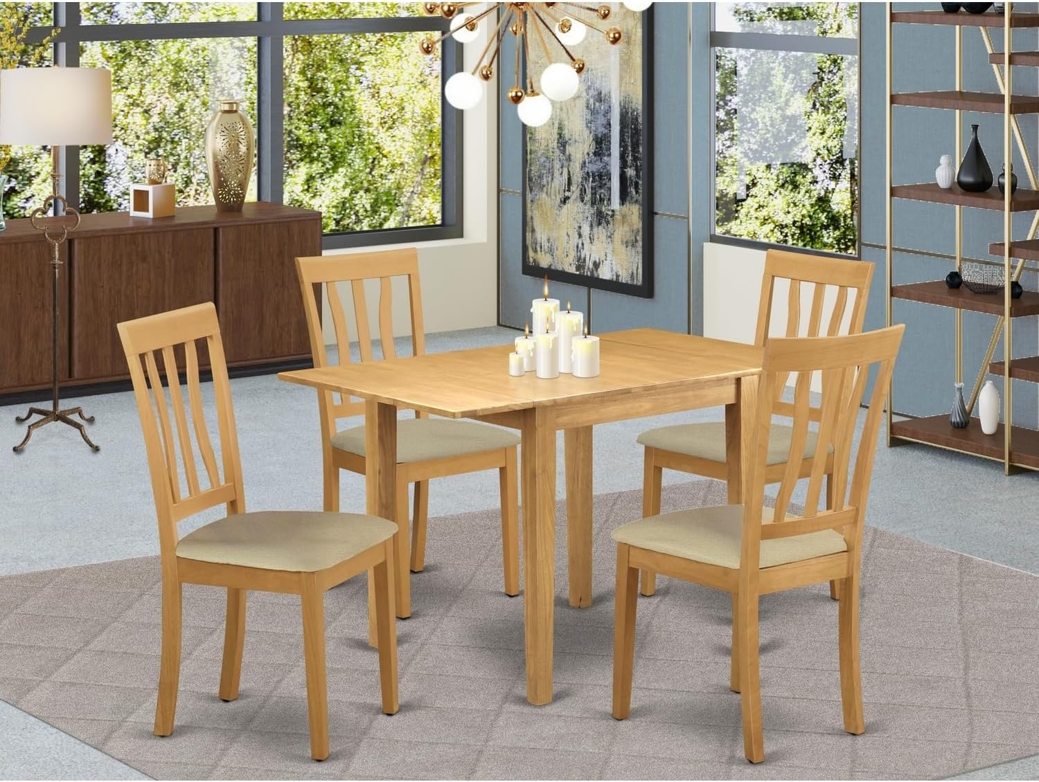 African Artifacts Wooden Dining Table Set 5 Piece - 4 Great Kitchen Chairs - A Gorgeous Wooden Table - Oak Color Faux Leather - Oak Finish Wood Frame