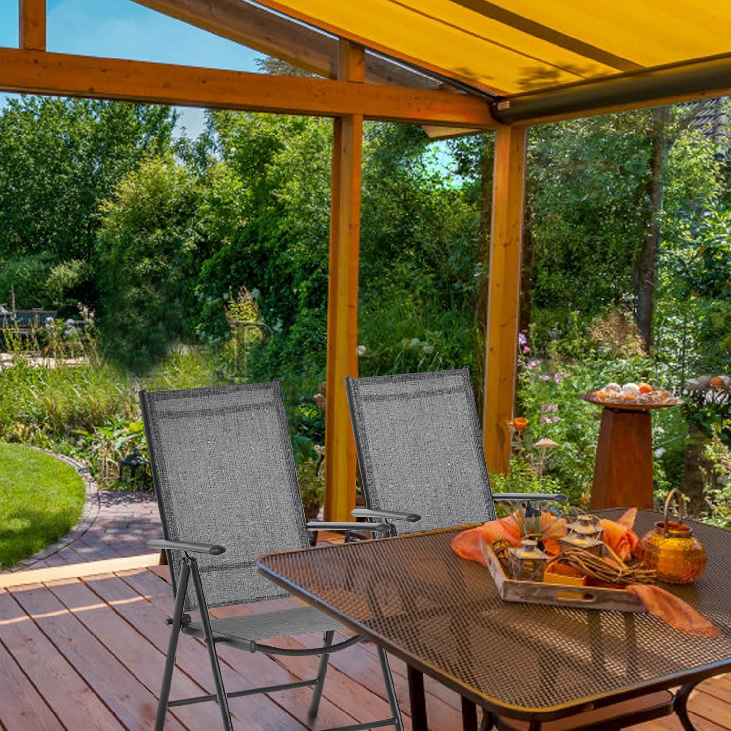 PHI VILLA Folding Patio Dining Chairs Set of 2, Adjustable Reclining Aluminum & Iron Sling Chairs with Armrest for Outdoor Kitchen Deck Garden, Grey