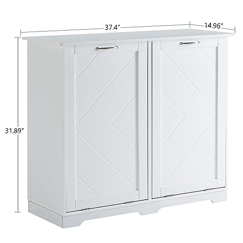 VECELO Tilt Out Kitchen Trash Bin Cabinet, Dog Proof Garbage Can with Wood Holder Free Standing Recycling, White