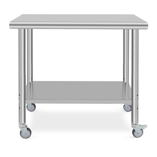 GlowSol NSF Stainless Steel Table, 36 x 24 x 35 Inch Metal Prep & Work Table, Commercial Food Prep Table with Adjustable Undershelf and Wheels for Commercial Kitchens, Restaurants, Garages and Hotels