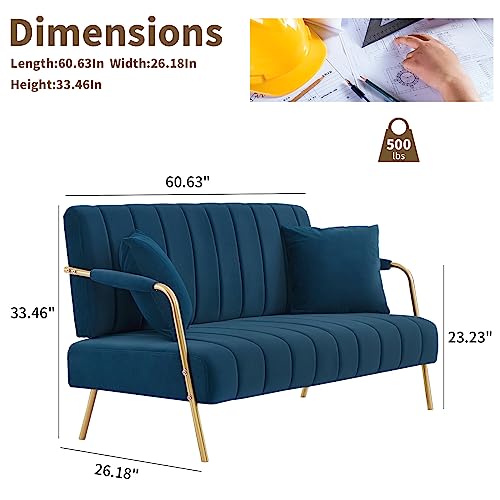 Loveseat Sofa Couchs, 61 Inch Upholstered Velvet Modern 2 Seater Couch for Small Space, Comfy Futon Sofa Furniture with Golden Metal Legs for Bedroom, Apartments (Beige)