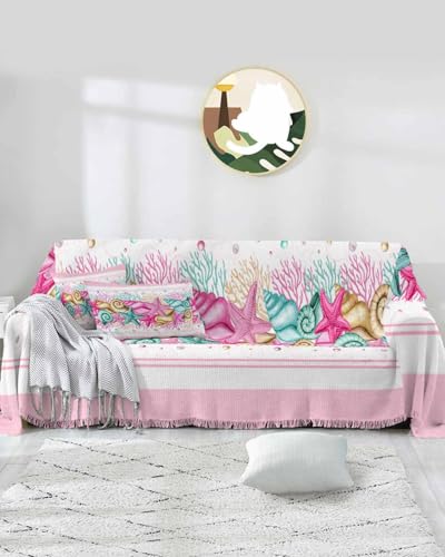 Ocean Coastal Cover Couch Covers for 3-4 Cushion Couch Throw Couch Cover with Tassel Soft Slipcover Summer Starfish Conch Shell Coral Beige Stripe Couch Furniture Protector for Dog Pet 71