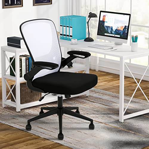 Home Office Chair Computer Chair Ergonomic Desk Chair Mid Back Mesh Chair,with Lumbar Support & Flip-up Arms Height Adjustable Swivel Executive Works Task Computer Chair,White