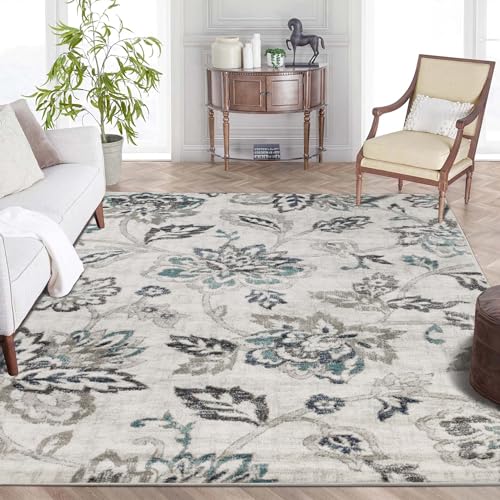 Superior Indoor Large Area Rug for Hallways, Entry, Office, Living/Bedroom, Hardwood, Tile, Floor Cover, Plush Carpet Cover, Modern Farmhouse Floral Decor, Jacobean Collection, 7' x 9', Blue Ivory