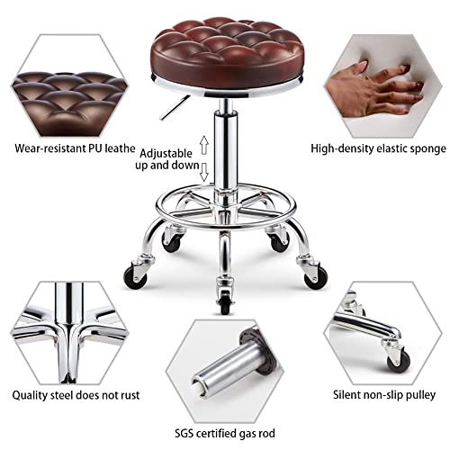 Round Salon Stool on Wheels and Foot Rest Adjustable Height 17.7-22.8in Swivel PU Leather Beauty Stools Rolling Chair for Spa Hair Salon Tattoo Massage Lab Home Office Bar (Wine Red)