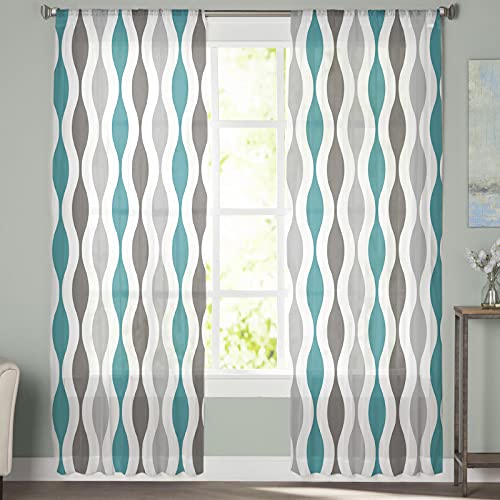 Semi Sheer Curtains 84 inches Long for Living Room,Rod Pocket Voile Drapes Bedroom Decor, Mid-Century Modern Geometric Yellow Gray Pattern Window Curtains 2 Panels for Sliding Glass Door,Patio