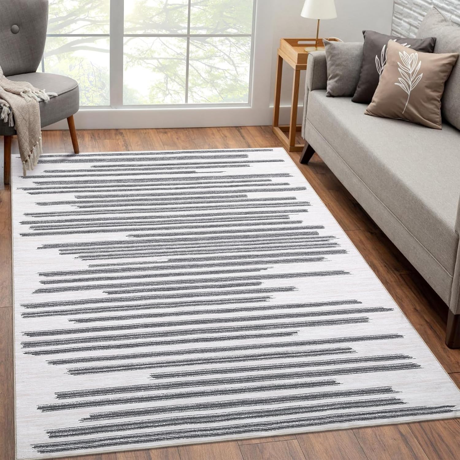 Area Rug 9X12 Modern Berber Stripe Indoor Farmhouse Area-Rug Low Pile Non Slip Throw Rug Machine Washable Rug Stain-Resistant Carpet for Bedroom Living Room, Cream/Grey