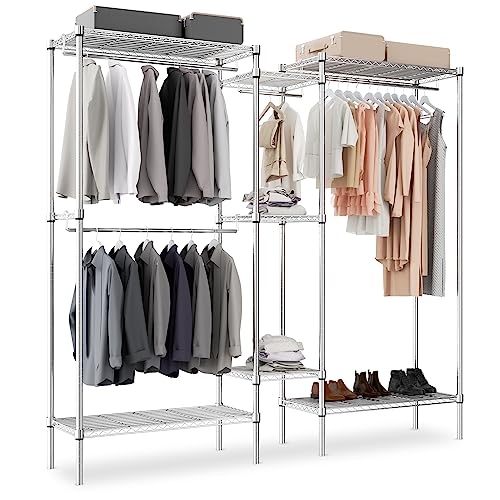 MoNiBloom Garment Racks for Hanging Clothes 7 Tiers Heavy Duty Clothes Rack for Hanging Clothes 77 Inch Large Clothing Rack Freestanding Closet with 4 Hanging Rod, Max Load 1000lbs, Silver