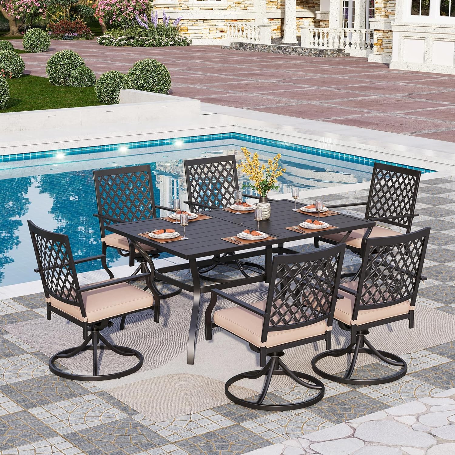 PHI VILLA 7-Piece Outdoor Dining Set, 6 Steel Metal Swivel Patio Chairs & 1 Rectangular Dining Table, Black