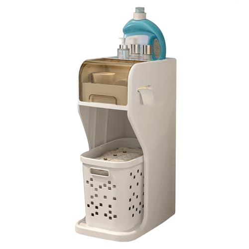 Slim Storage White Bathroom Unit Floor Storage Cabinet Tall Slim Corner Cupboard with Dirty Clothes Basket for Narrow Small Space (White)